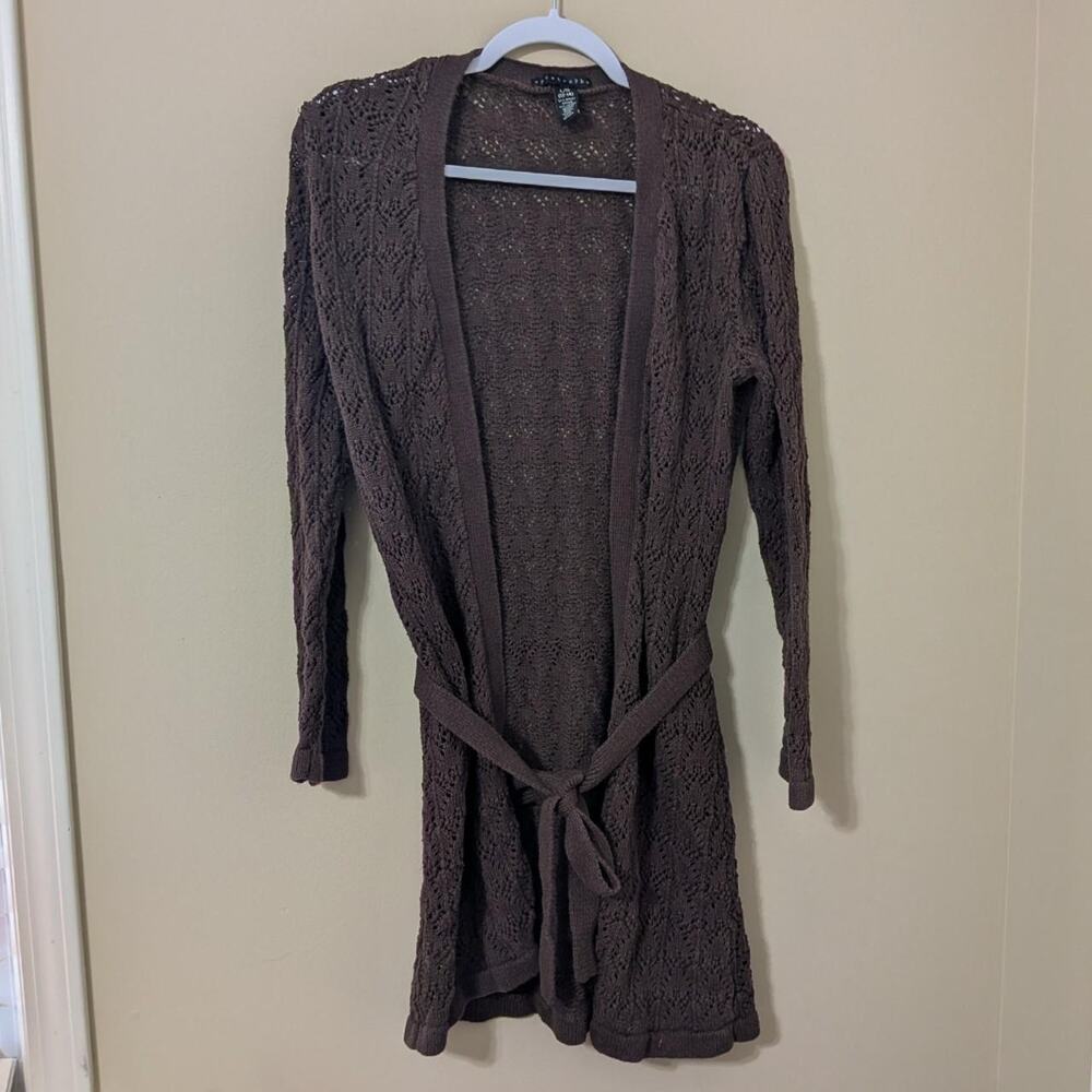 Apostrophe Espresso Fairy Grunge Brown Crochet Open Knit With Tie Belt Cardigan
